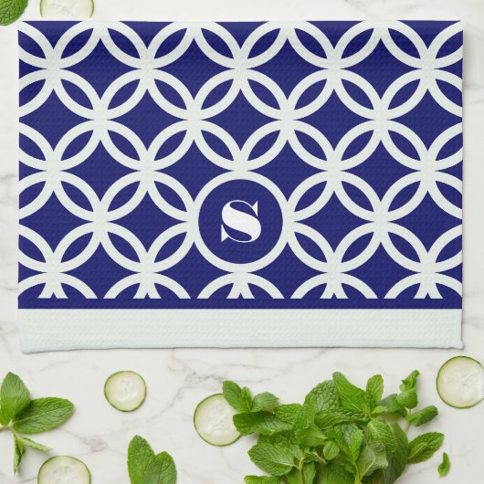 Blue Contemporary Geometric Pattern Monogram Theedoek (Gevouwen)