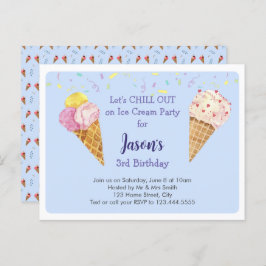 Blue Cool Ice Cream Kids Verjaardagsfeest Uitnodiging Briefkaart