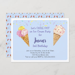 Blue Cool Ice Cream Kids Verjaardagsfeest Uitnodiging Briefkaart