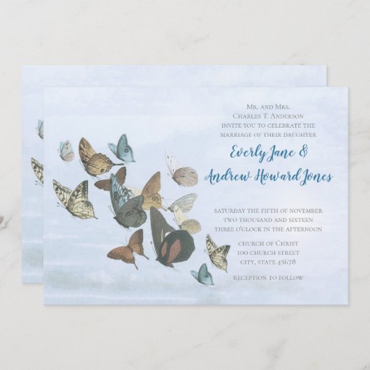 Blue Copper Gold Butterfly Weduwuitnodiging Kaart (Voorkant / Achterkant)