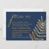 Blue Copper Leaf Wedding Invitation Modern Minimum Kaart (Voorkant)