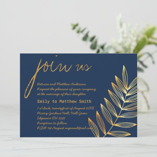 Blue Copper Leaf Wedding Invitation Modern Minimum Kaart (Staand voorkant)