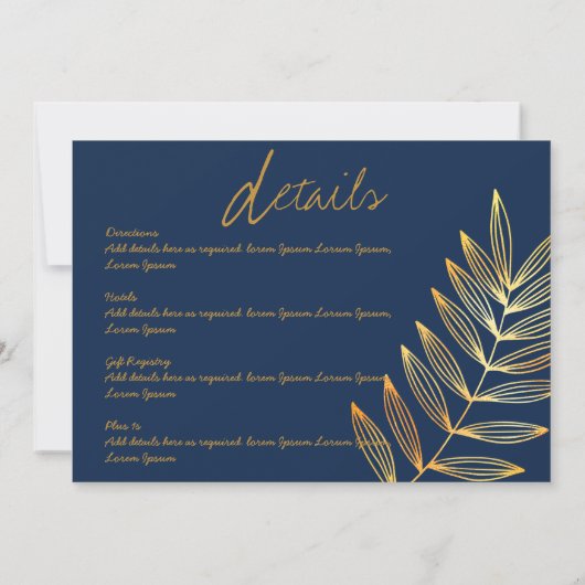 Blue Copper Leaf Wedding Invitation Modern Minimum Kaart (Achterkant)