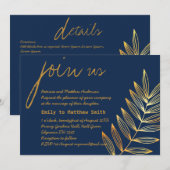 Blue Copper Leaf Wedding Invitation Modern Minimum Kaart (Voorkant / Achterkant)