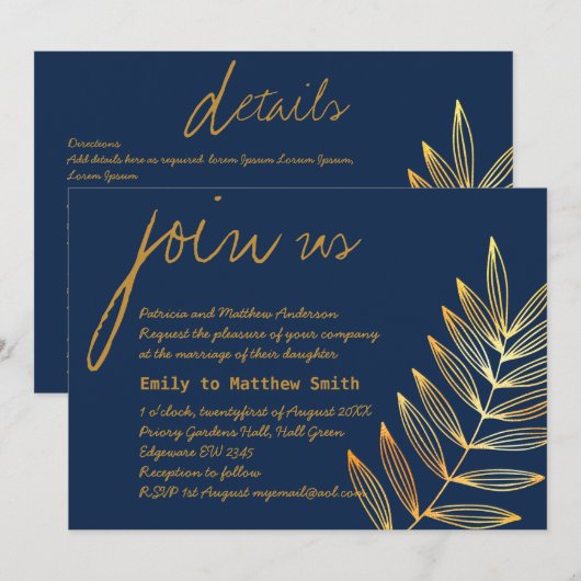 Blue Copper Leaf Wedding Invitation Modern Minimum Kaart (Voorkant / Achterkant)