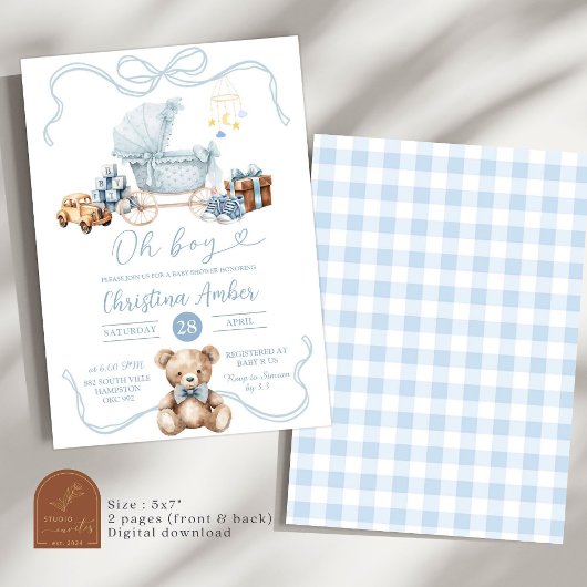 Blue Coquette Baby Carriage Boy Baby shower Kaart