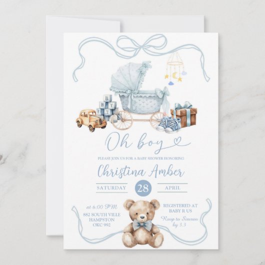 Blue Coquette Baby Carriage Boy Baby shower Kaart (Voorkant)