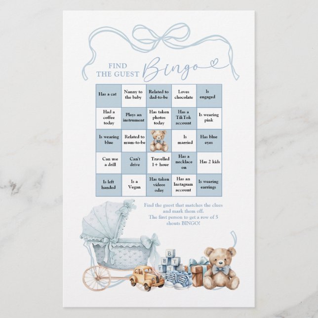 Blue Coquette Baby Carriage Find The Guest Bingo (Voorkant)