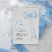 Blue Coquette Bow 1st Birthday Invitation Kaart