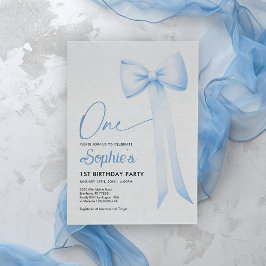 Blue Coquette Bow 1st Birthday Invitation Kaart