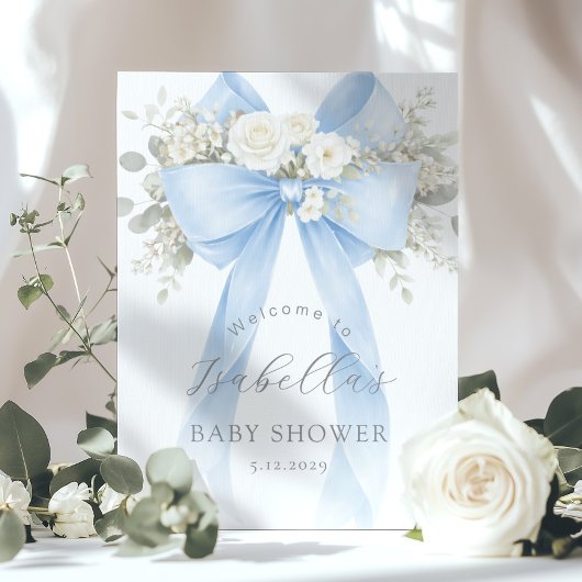 Blue Coquette Bow Baby Boy Shower Welcome Poster