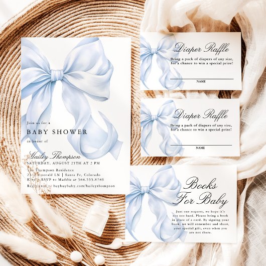 Blue Coquette Bow Baby Shower, Diaper Raffle Card Informatiekaartje