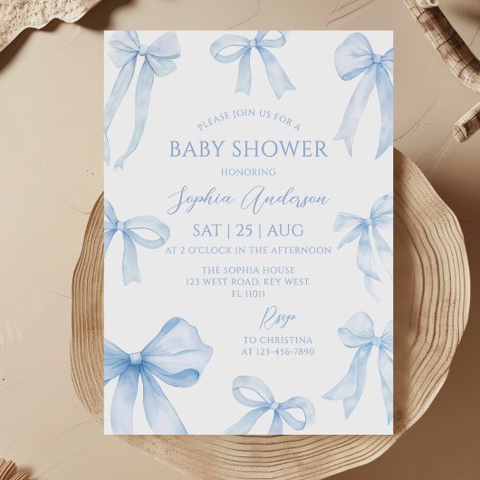 Blue Coquette Bow Baby shower Kaart