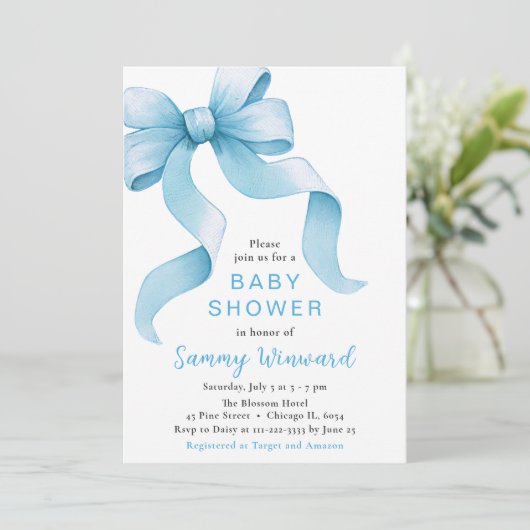 Blue Coquette Bow Baby shower Kaart (Staand voorkant)