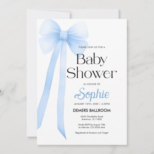 Blue Coquette Bow Baby shower Uitnodiging (Voorkant)
