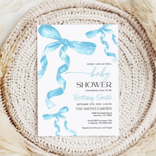 Blue Coquette Bow Baby shower Uitnodiging