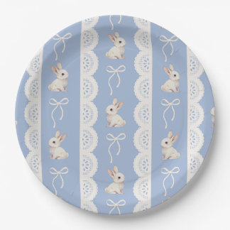 Blue Coquette Bow Bunny Lace Pattern Paper Plate Papieren Bordje