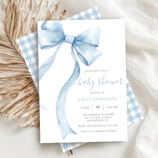 Blue Coquette Bow Gingham Boy Baby shower Kaart