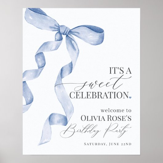 Blue Coquette Bow Girl Verjaardagsfeest Welkomstbo Poster (Voorkant)