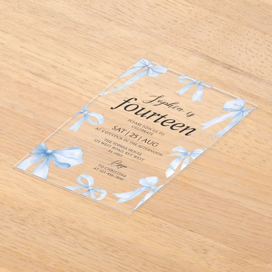 Blue Coquette Bow Girl Verjaardagsfeestje Acryl Uitnodigingen (Laagn)