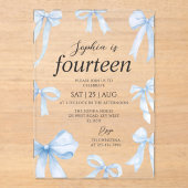 Blue Coquette Bow Girl Verjaardagsfeestje Acryl Uitnodigingen (Voorkant)