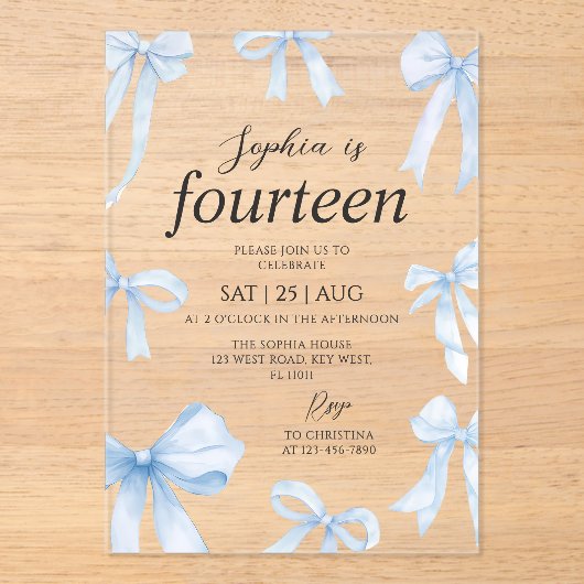 Blue Coquette Bow Girl Verjaardagsfeestje Acryl Uitnodigingen (Voorkant)