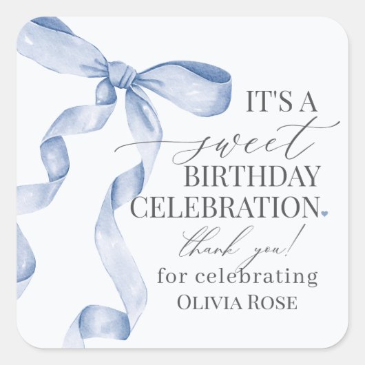 Blue Coquette Bow Girl Verjaardagsfeestje Favoriet Vierkante Sticker (Voorkant)