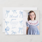Blue Coquette Bow Girl Verjaardagsfeestje Foto Bedankkaart (Voorkant)