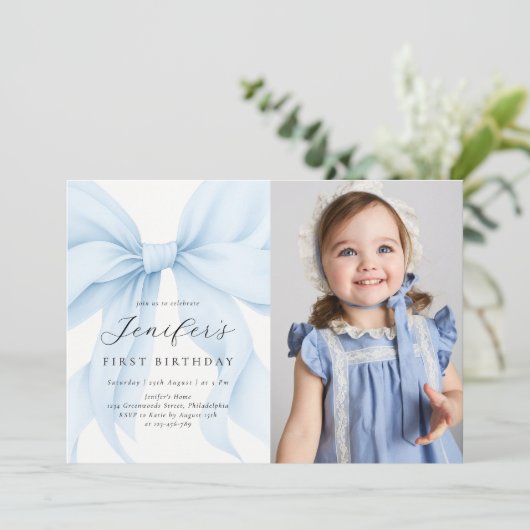Blue Coquette Bow Girl Verjaardagsfeestje Foto Kaart (Staand voorkant)