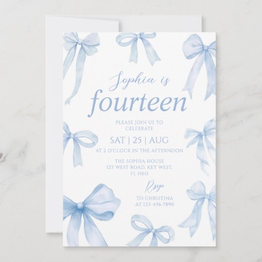 Blue Coquette Bow Girl Verjaardagsfeestje Kaart (Voorkant)