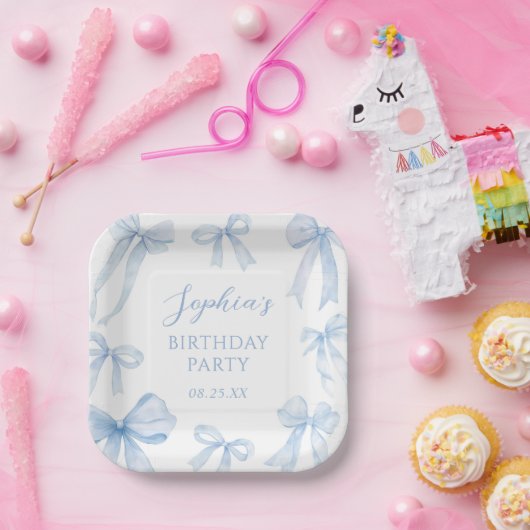 Blue Coquette Bow Girl Verjaardagsfeestje Papieren Bordje (Feest)