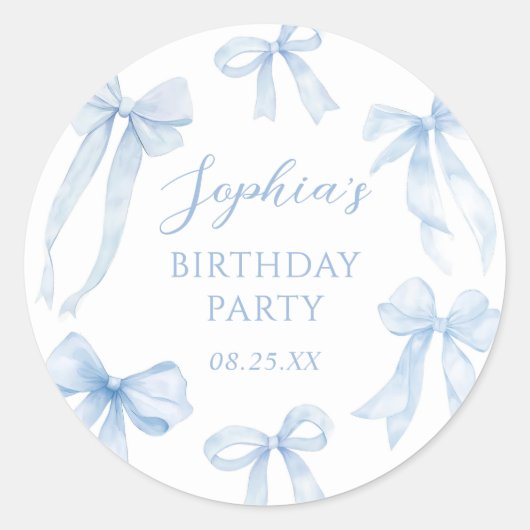 Blue Coquette Bow Girl Verjaardagsfeestje Ronde Sticker (Voorkant)