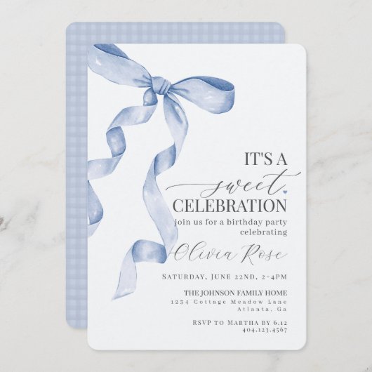 Blue Coquette Bow Girl Verjaardagsfeestje Uitnodig (Voorkant / Achterkant)