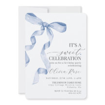 Blue Coquette Bow Girl Verjaardagsfeestje Uitnodig