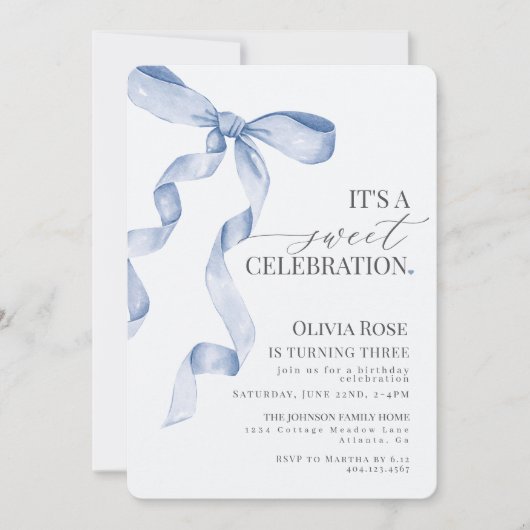 Blue Coquette Bow Girl Verjaardagsfeestje Uitnodig (Voorkant)