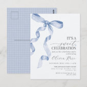 Blue Coquette Bow Girl Verjaardagsfeestje Uitnodig Briefkaart (Voorkant / Achterkant)
