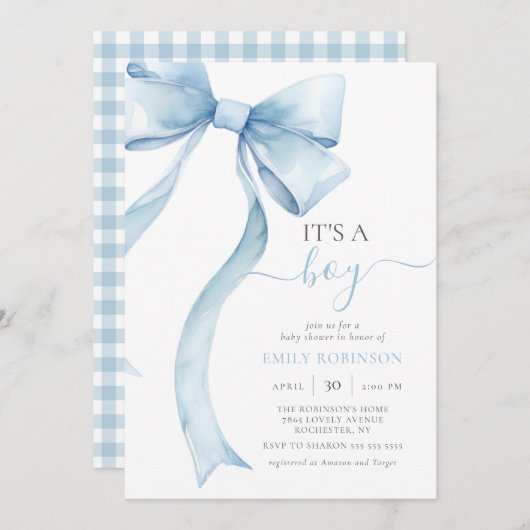 Blue Coquette Bow Het is een Boy Baby shower Gingh Kaart (Voorkant / Achterkant)