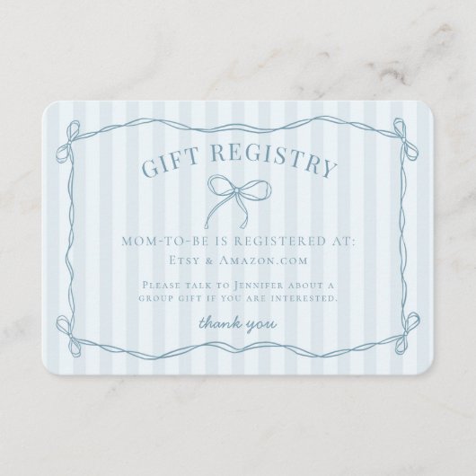 Blue Coquette Bow Pastel Baby shower Registry Informatiekaartje (Voorkant)