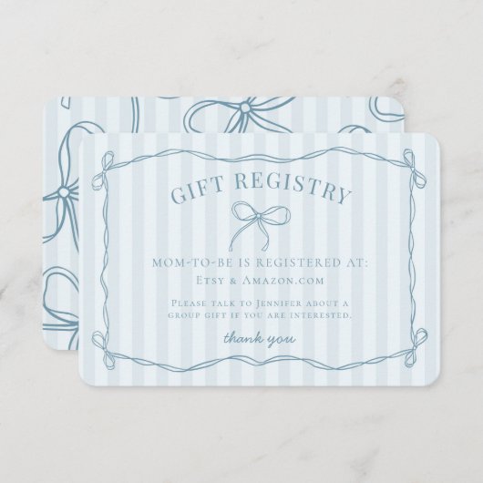 Blue Coquette Bow Pastel Baby shower Registry Informatiekaartje (Voorkant / Achterkant)