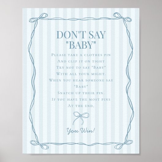 Blue Coquette Bow Pastel Dont Say Baby shower Game Poster (Voorkant)