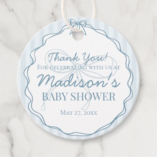 Blue Coquette Bow Pastel Gestreept Baby shower Bedankjes Labels (Voorkant)