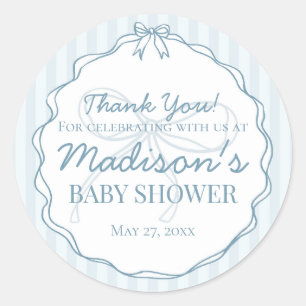 Blue Coquette Bow Pastel Gestreept Baby shower Fav Ronde Sticker