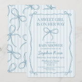 Blue Coquette Bow Pastel Gestreept Baby shower Kaart (Voorkant / Achterkant)