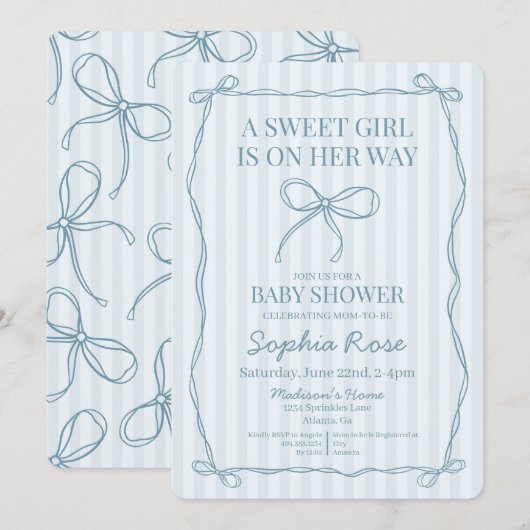 Blue Coquette Bow Pastel Gestreept Baby shower Kaart (Voorkant / Achterkant)