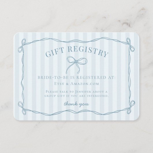 Blue Coquette Bow Pastel Vrijgezellenfeest Registr Informatiekaartje (Voorkant)