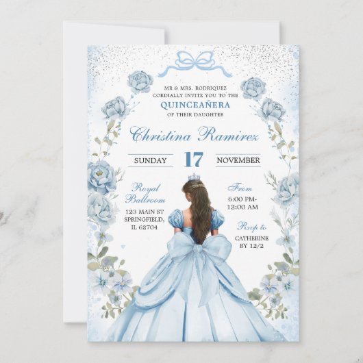 Blue Coquette Bow Princess Quinceanera Kaart (Voorkant)