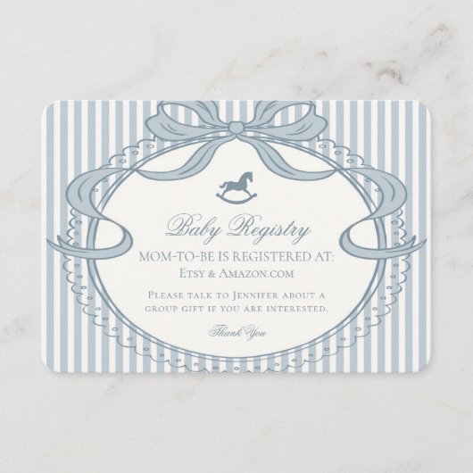 Blue Coquette Bow Rocking Horse Baby Registry Informatiekaartje (Voorkant)