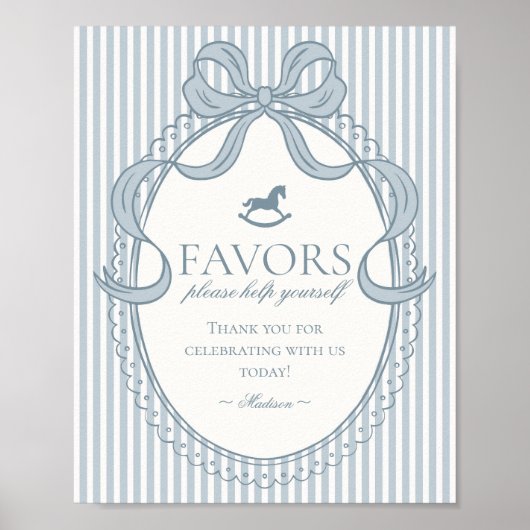 Blue Coquette Bow Rocking Horse Stripe Favors Sign Poster (Voorkant)