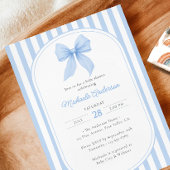 Blue Coquette Bow Striped Boy Baby shower Kaart