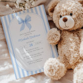 Blue Coquette Bow Striped Boy Baby shower Kaart